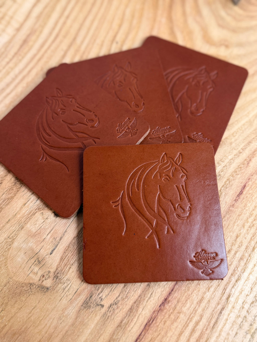 Handcrafted English Bridle Leather Coasters – Set of 4 with Holder