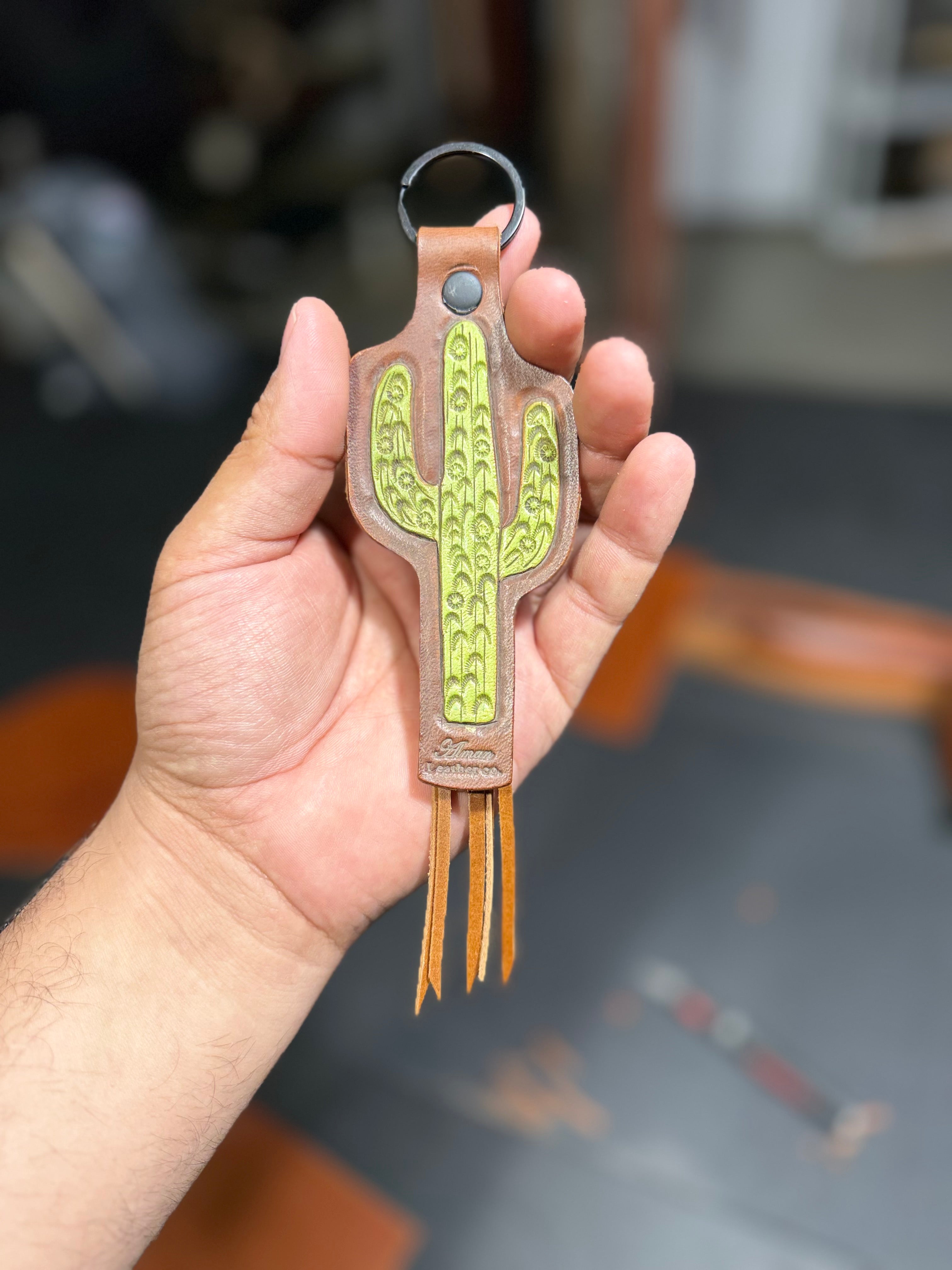 Handcrafted Leather Cactus Keychain with Fringe – Alman Leather Co.