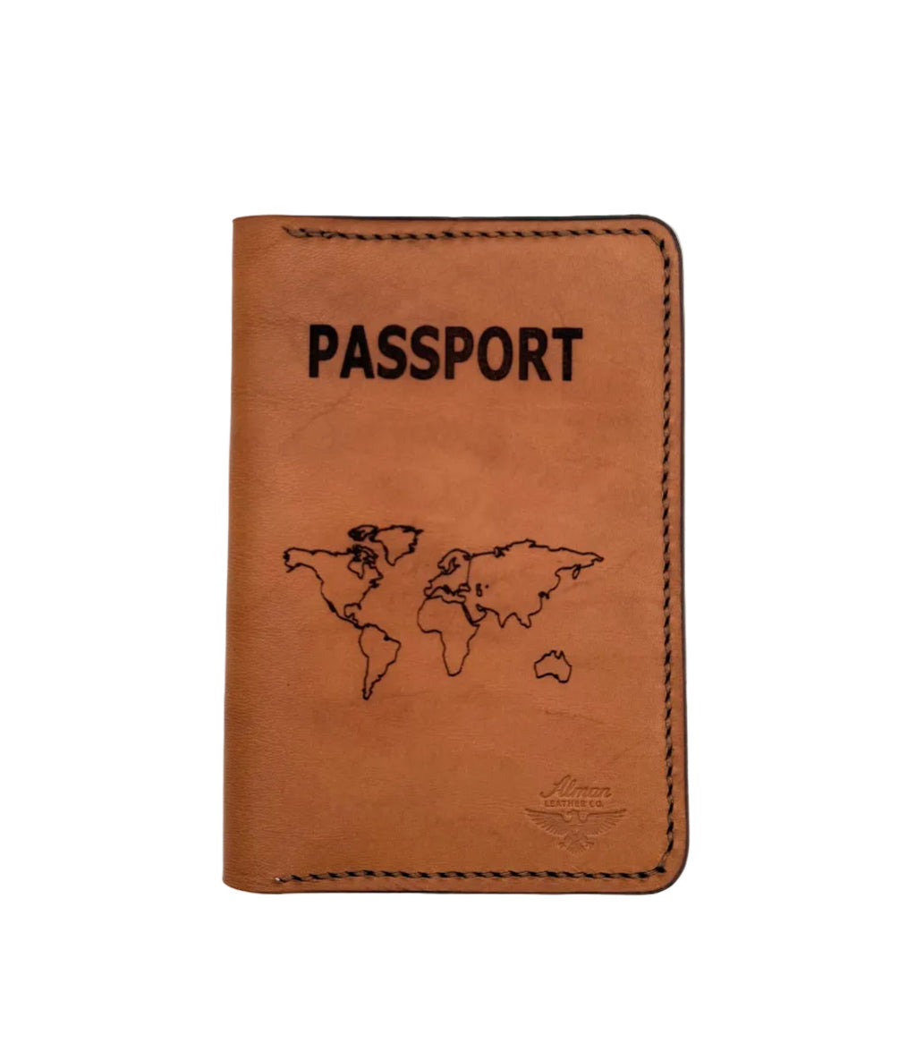 Brown leather passport holder with 'PASSPORT' and world map design on a light gray background
