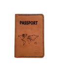 Brown leather passport holder with 'PASSPORT' and world map design on a light gray background