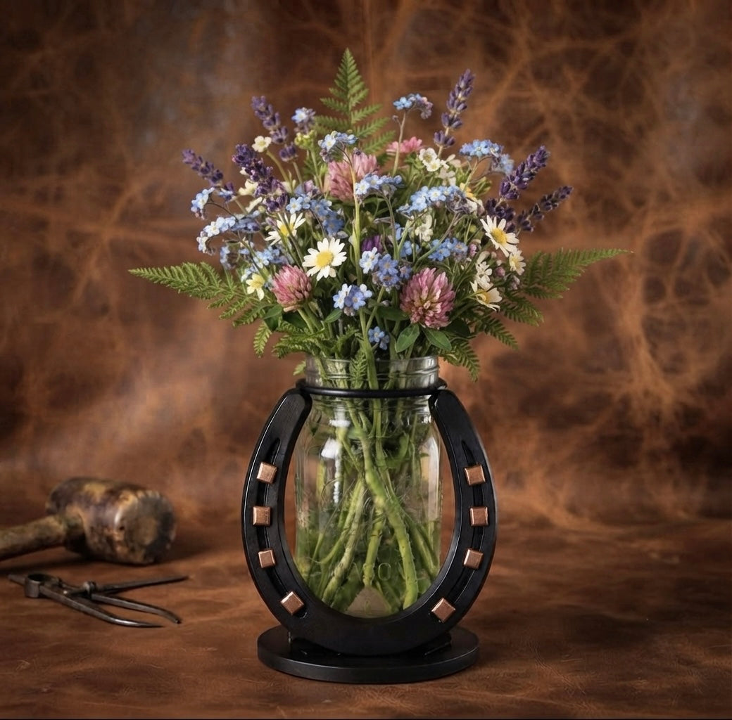Handcrafted Horseshoe Mason Jar Vase – Rustic Western Decor