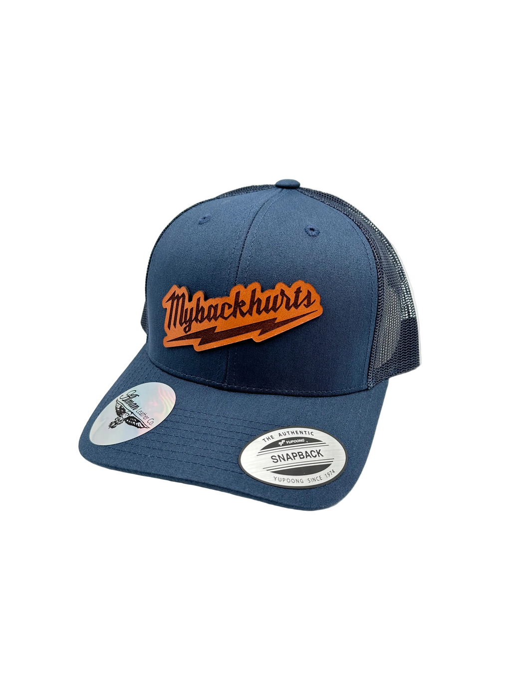Blue cap with orange logo on a white background