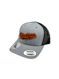 Gray truvker hat with leather patch 