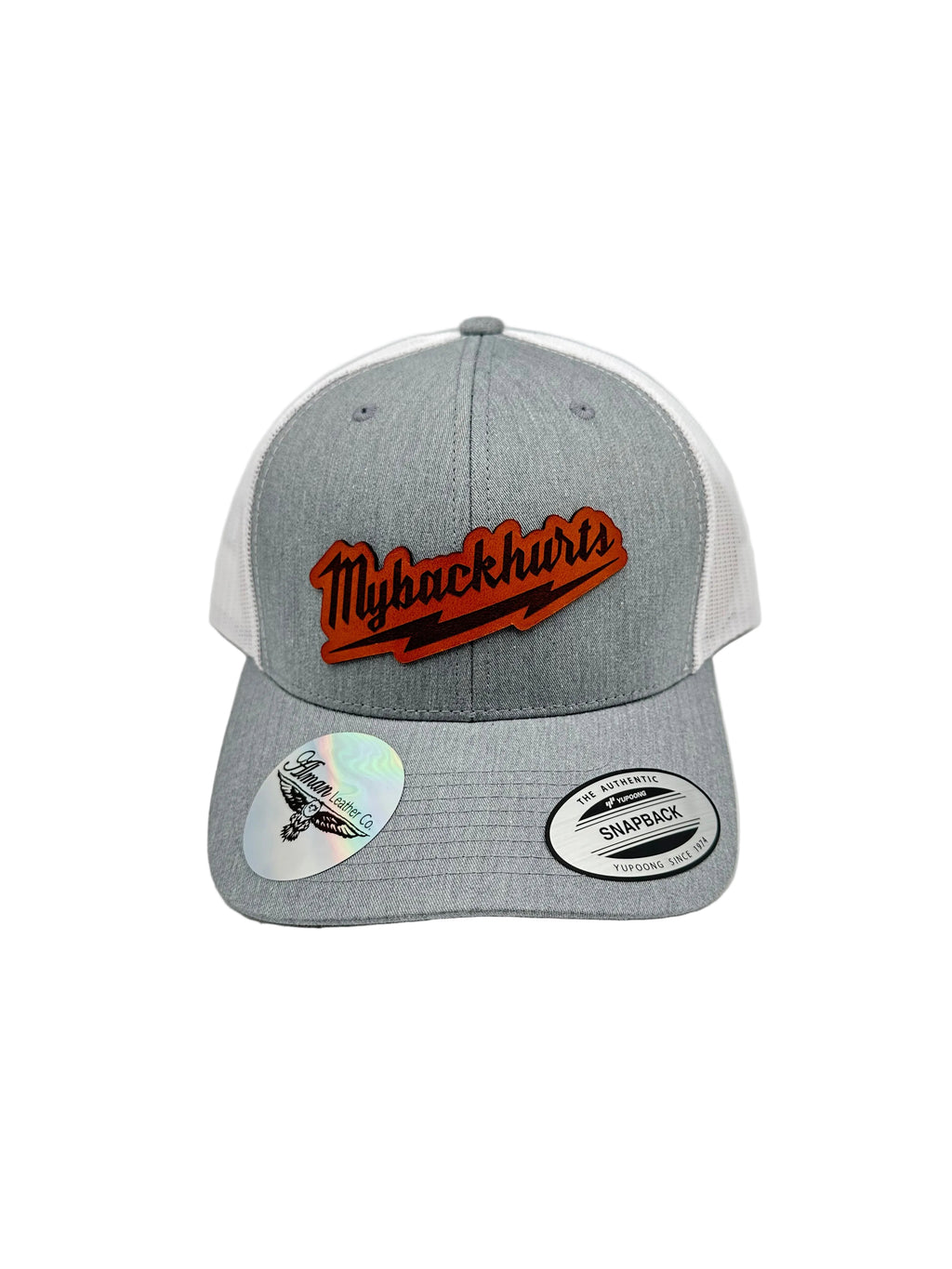 Gray cap with leather patch on a light gray background