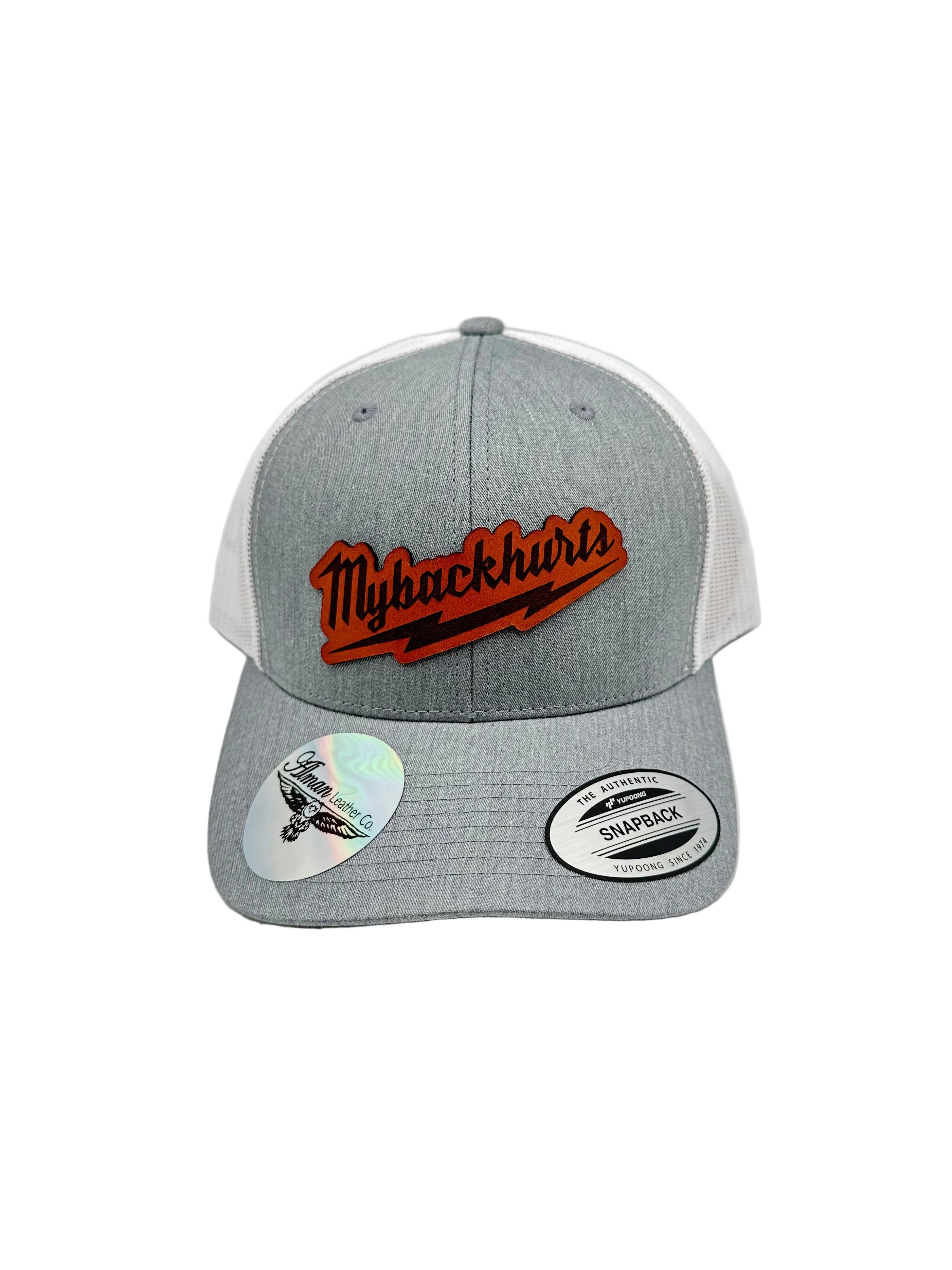 Gray cap with leather patch on a light gray background