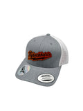 Gray white cap with leather patch on
