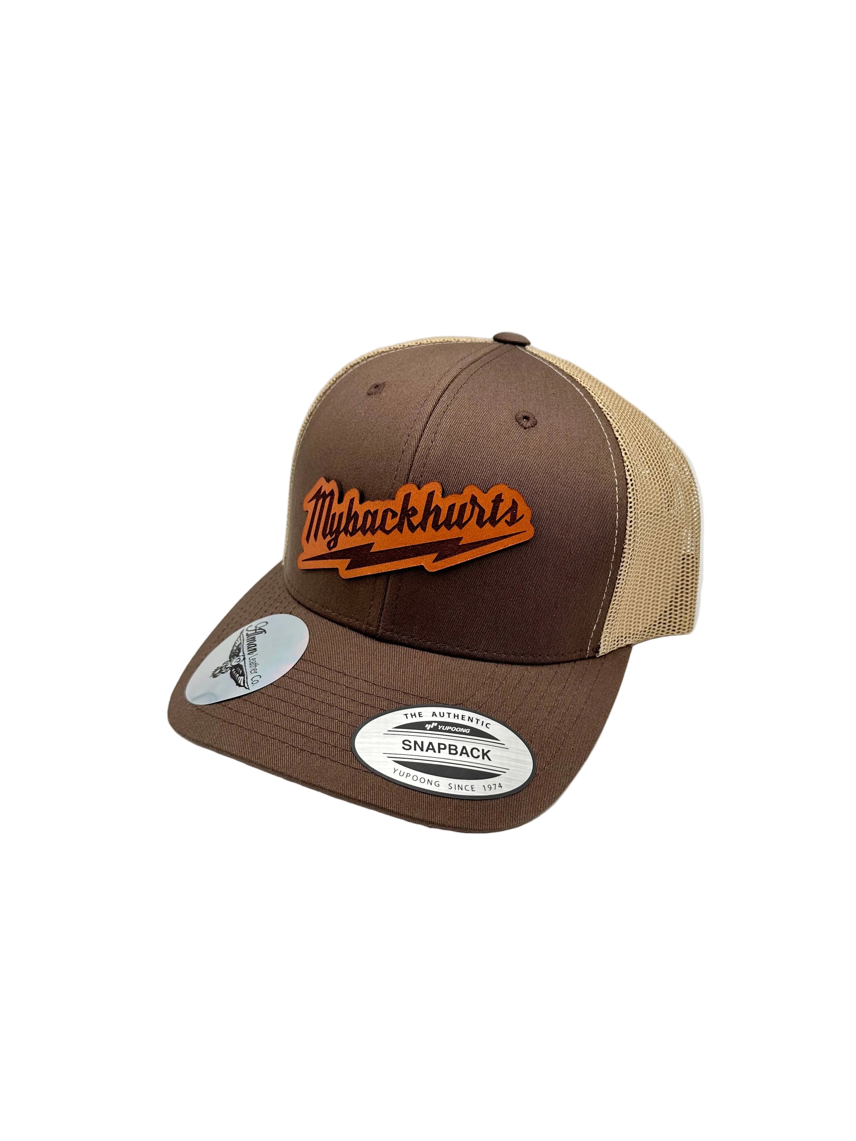 Brown and beige cap with logo on a white background